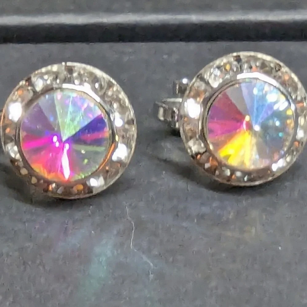 New Clip On Earrings Silver PLated Aurora Borealis AB Crystal Halo Round Wedding